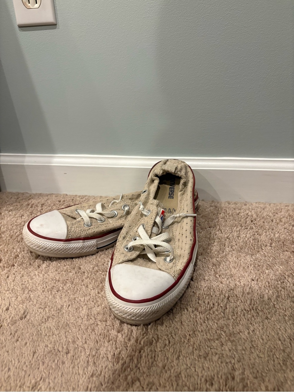 Converse Beige Canvas Low-Top Sneakers with Red Accents